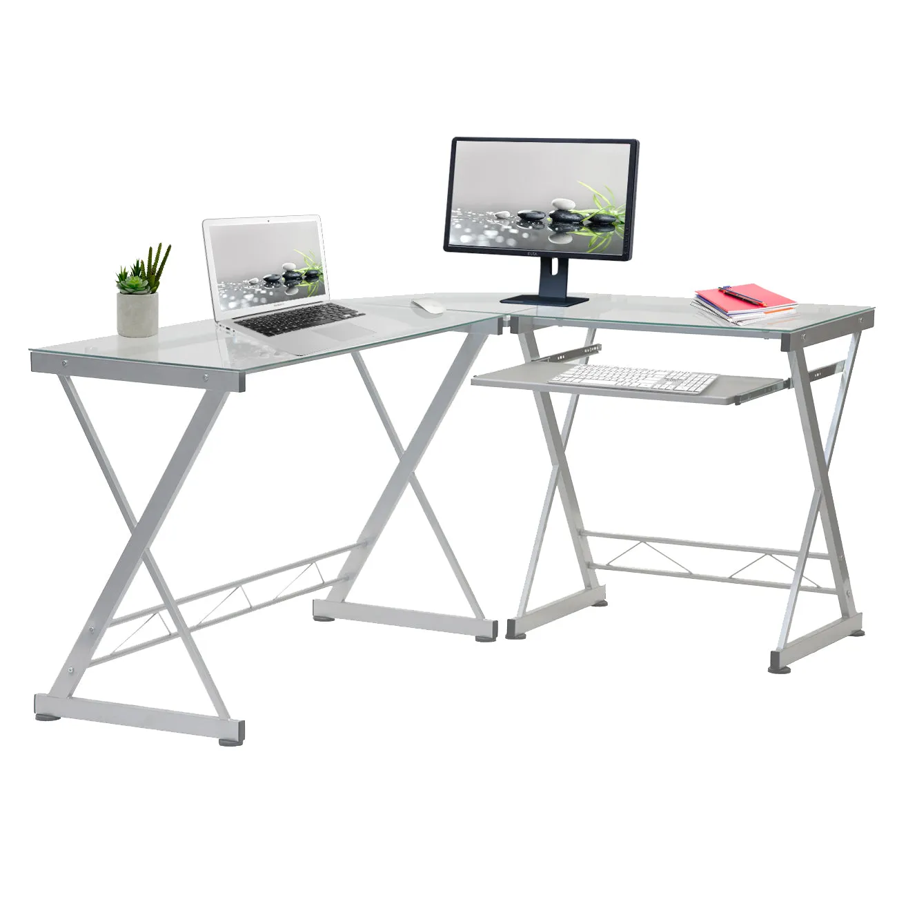 L-Shaped Tempered Glass Top Computer Desk With Pull Out Keyboard Panel