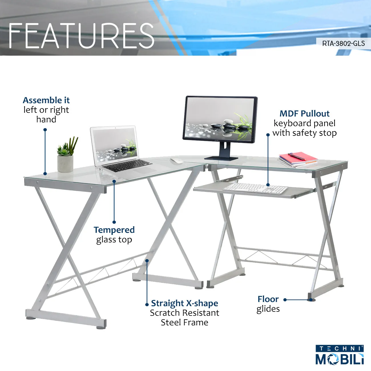 L-Shaped Tempered Glass Top Computer Desk With Pull Out Keyboard Panel