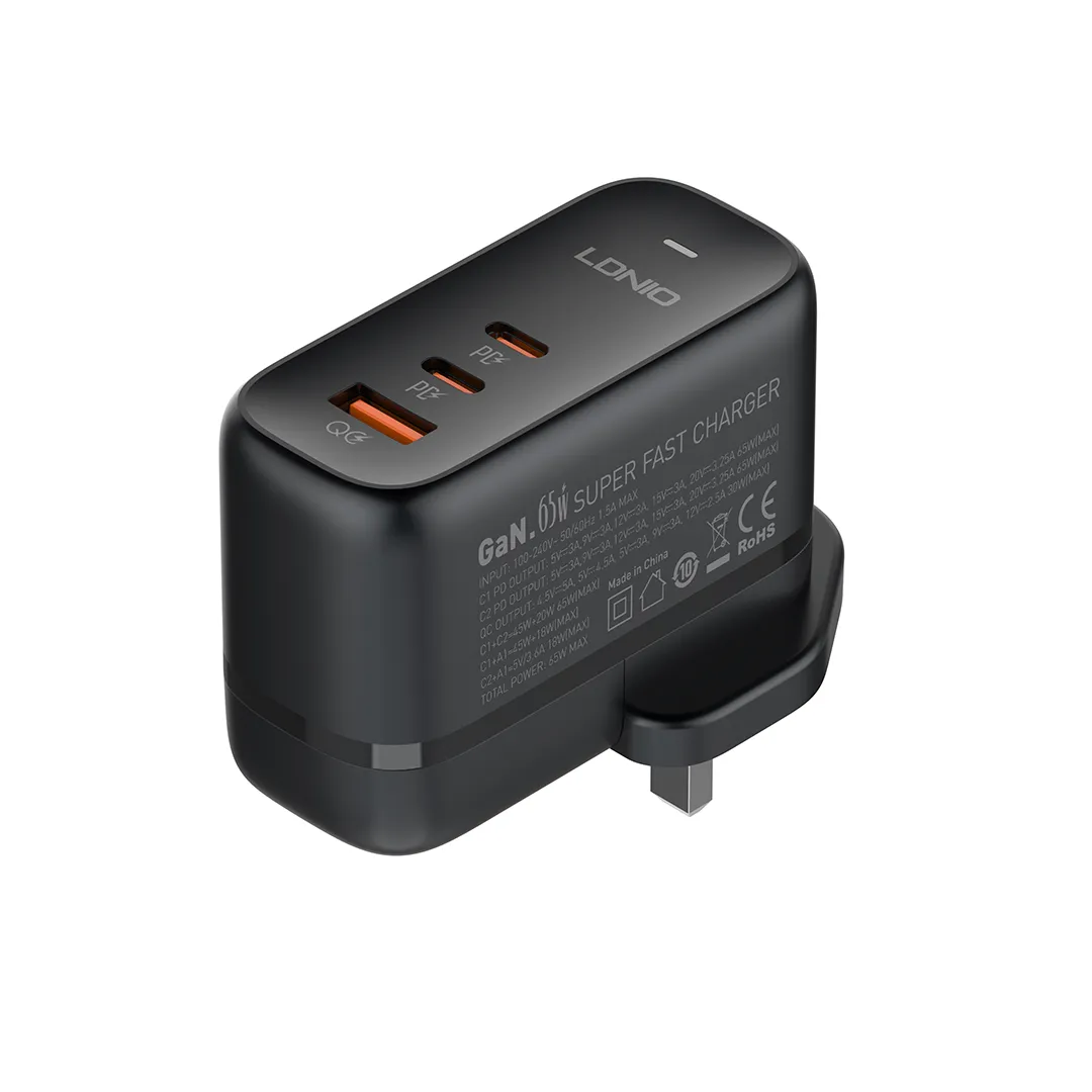 LDNIO 65W USB-C x 2   USB-A QC GaN Fast Charging Travel Adapter