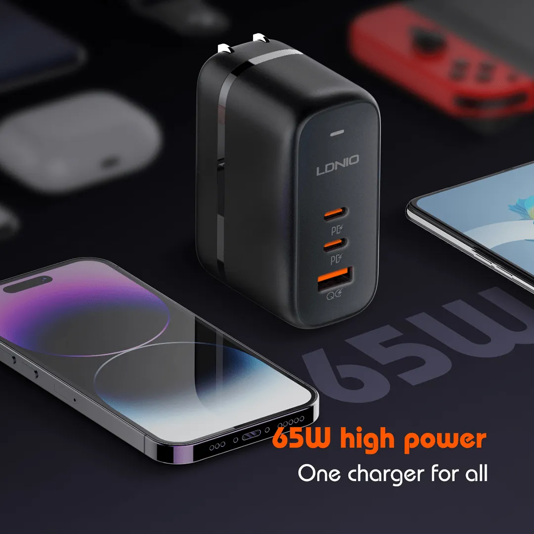 LDNIO 65W USB-C x 2   USB-A QC GaN Fast Charging Travel Adapter