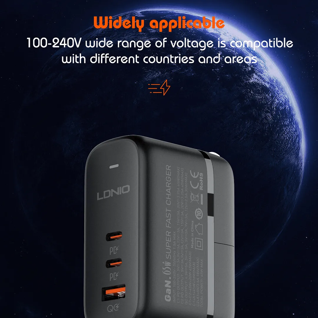 LDNIO 65W USB-C x 2   USB-A QC GaN Fast Charging Travel Adapter