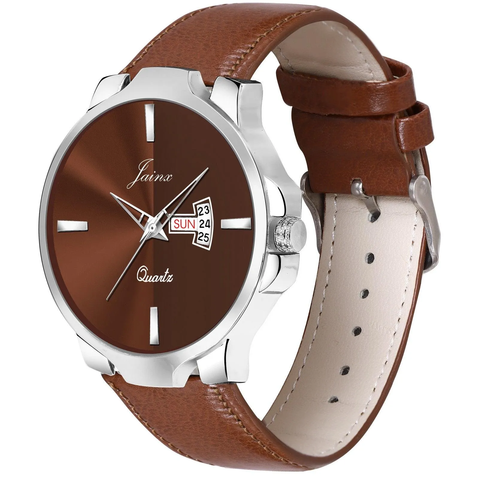 Men's Brown Leather Strap Analog Watch with Day and Date Function - Jainx JM7132