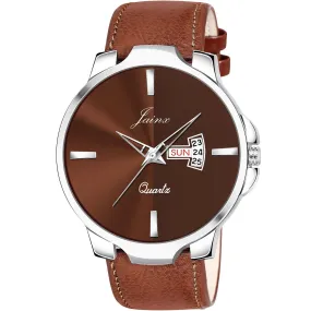 Men's Brown Leather Strap Analog Watch with Day and Date Function - Jainx JM7132