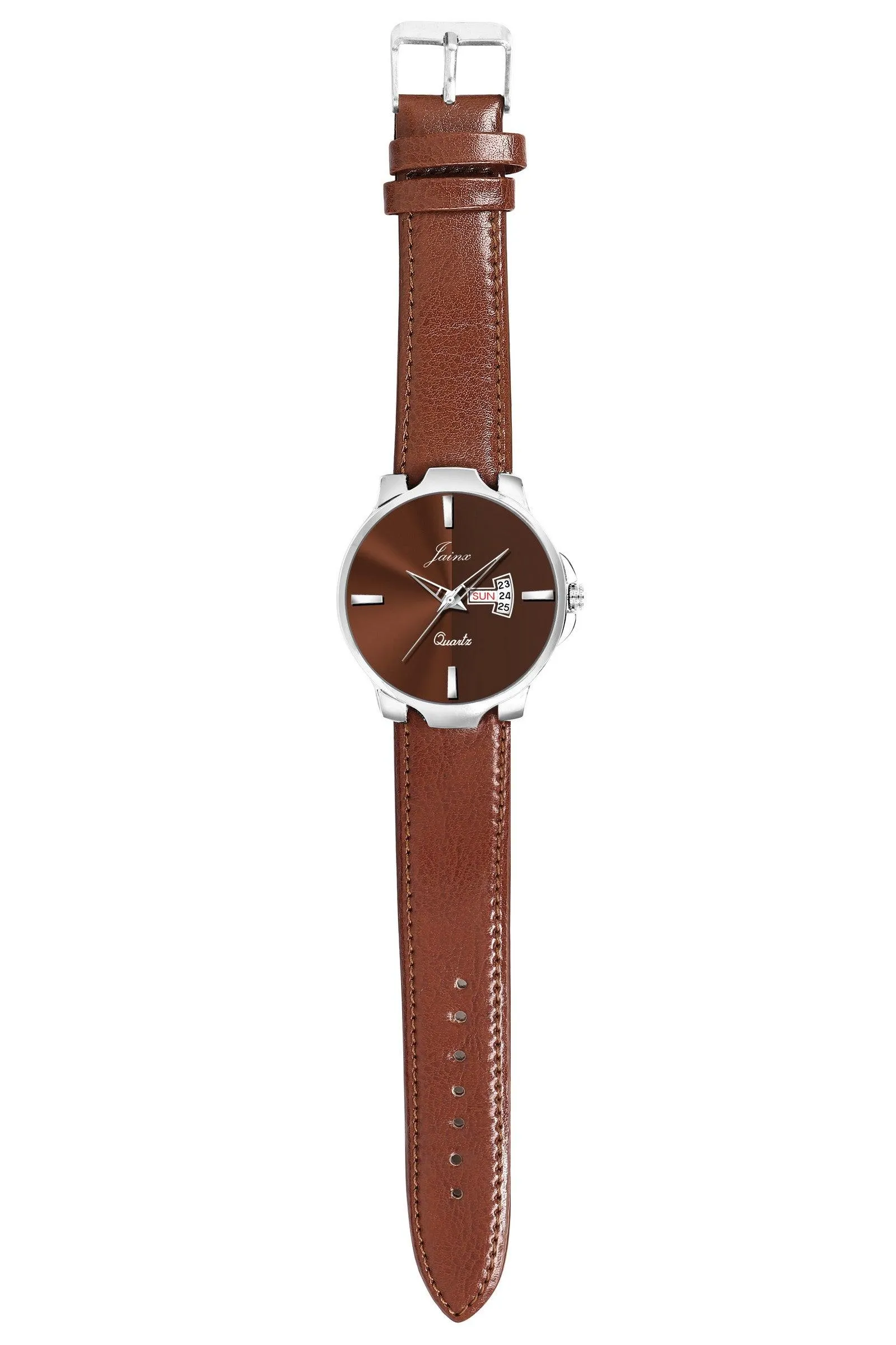 Men's Brown Leather Strap Analog Watch with Day and Date Function - Jainx JM7132