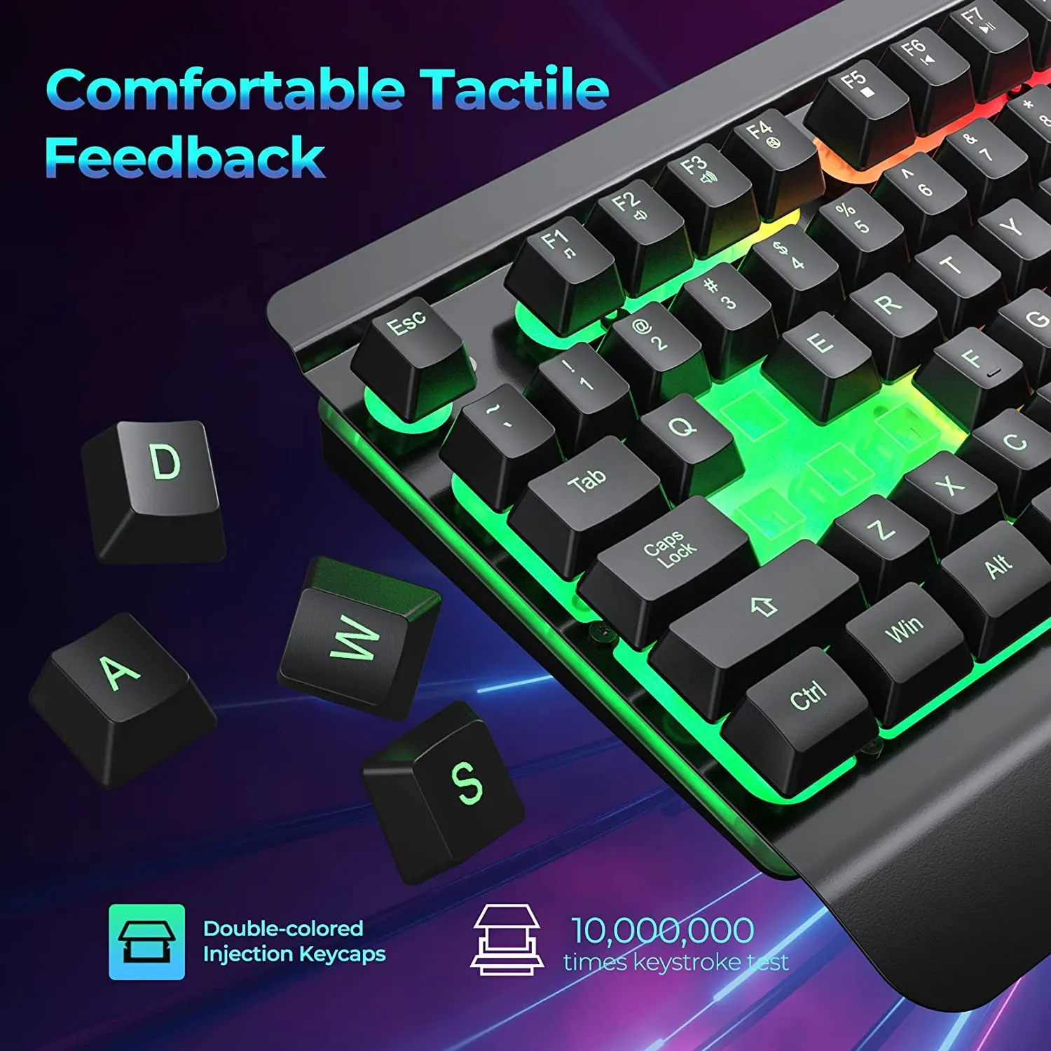 Metal Gaming Keyboard, Rainbow LED Backlit Silent Keyboard with Wrist Rest