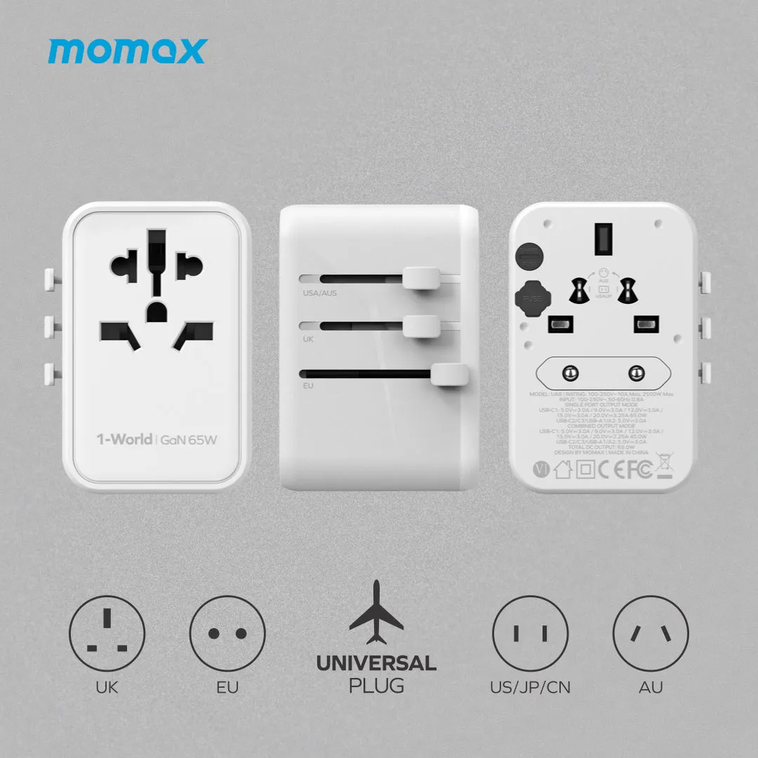 MOMAX 1-World PD 65W GaN 5-Port   AC Charger Universal Travel Adapter