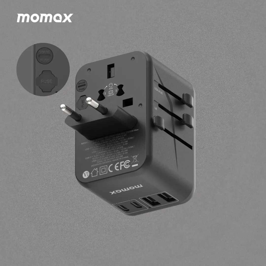 MOMAX 1-World PD 65W GaN 5-Port   AC Charger Universal Travel Adapter