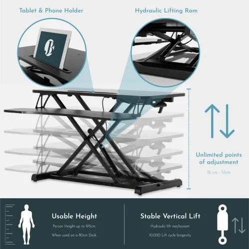 New Upgraded 80cm Desk Converter | Adjustable Height Sit-Stand Riser | Dual Monitor Laptop Workstation With Wide Keyboard Tray | Home | Office