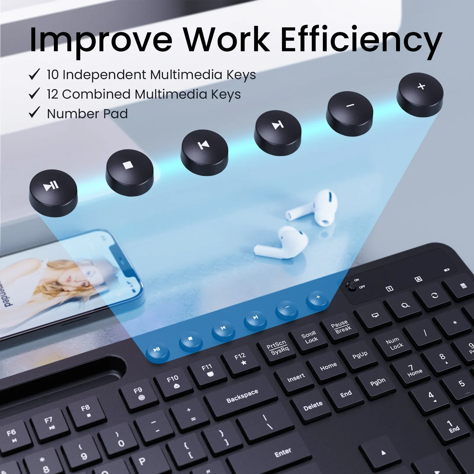 PC321 Ergonomic Wireless Keyboard Mouse Combo with Phone Holder & Shortcuts