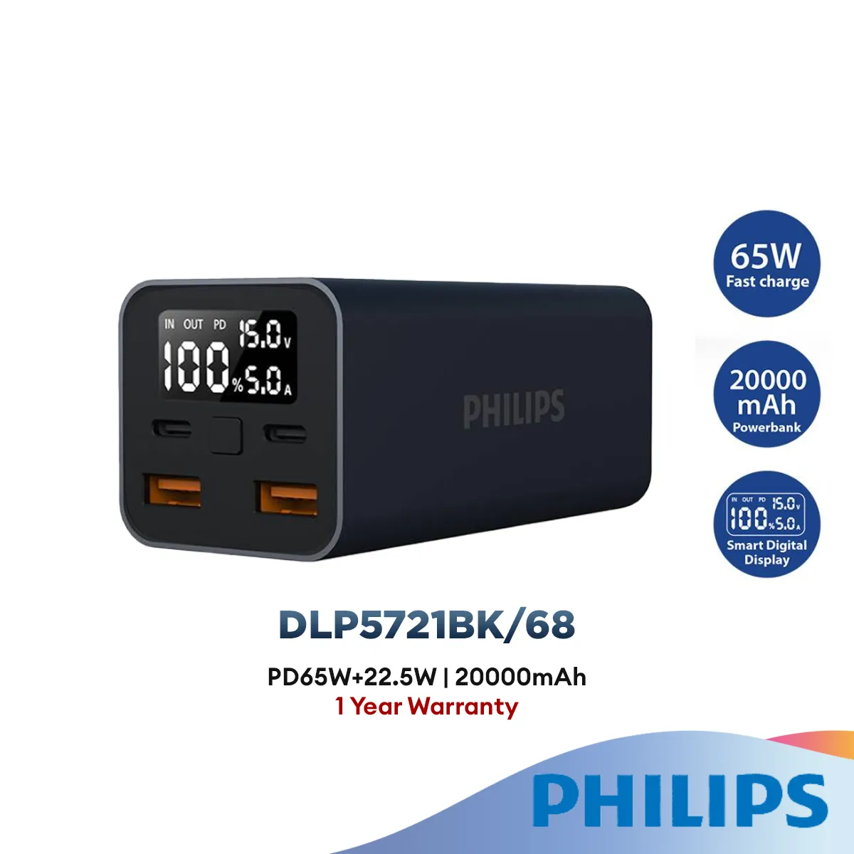 Philips 65W 20000mAh Smart Digital Display Powerbank (DLP5721BK)