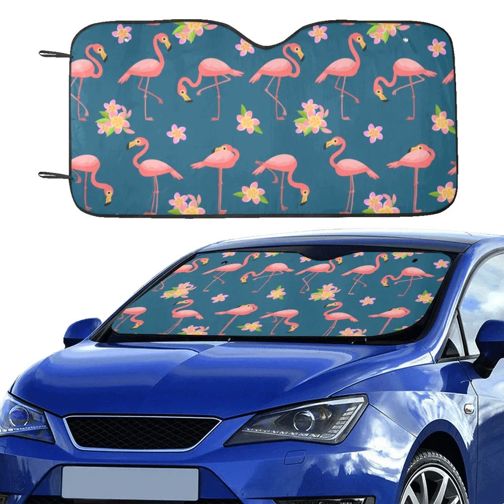 Pink Flamingo Flowers Sun Shade for Car, Flowers Blue Tropical SUV Truck Accessories Auto Protector Window Visor Screen Windshield Cover