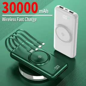 Power Bank Portable Wireless Fast Charging 30000mAh Built in Cables 4USB For iPhone Huawei