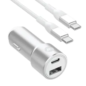 Pro Series 42W 2-Port USB-A & USB-C Car Charger with 6' USB-C to USB-C Cable - Silver & White