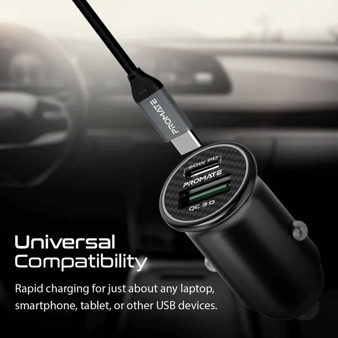 Promate 60W USB-C Car Charger, Super-Fast Type-C Power Delivery Car Charger with 18W Quick Charge 3.0 USB Port, Aluminum Alloy and Over Charging Protection for MacBook, Laptops, iPhone,GPS,Bullet-PD60