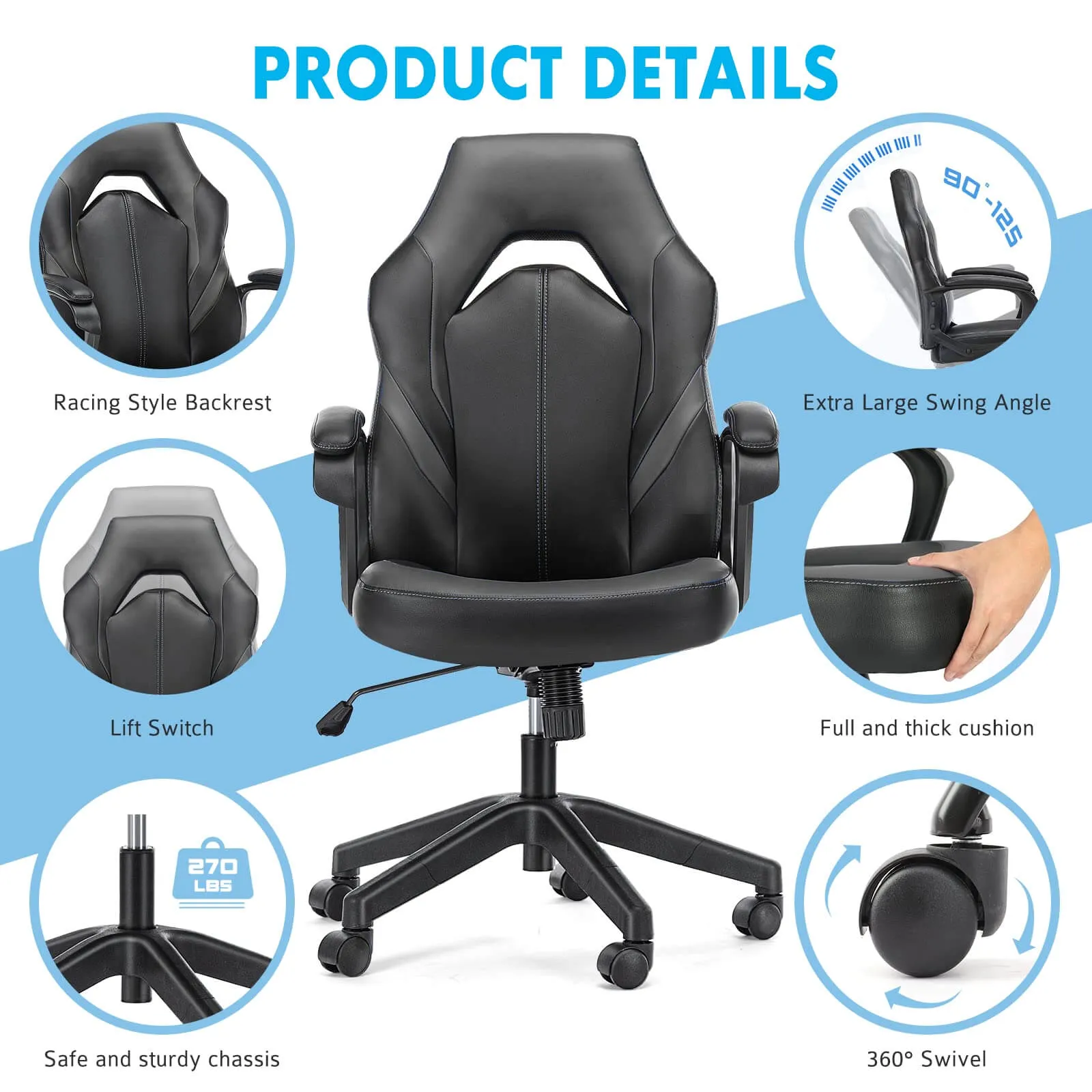 PU Leather Ergonomic Office Chair Swivel Computer Gaming Chair with Lumbar Support