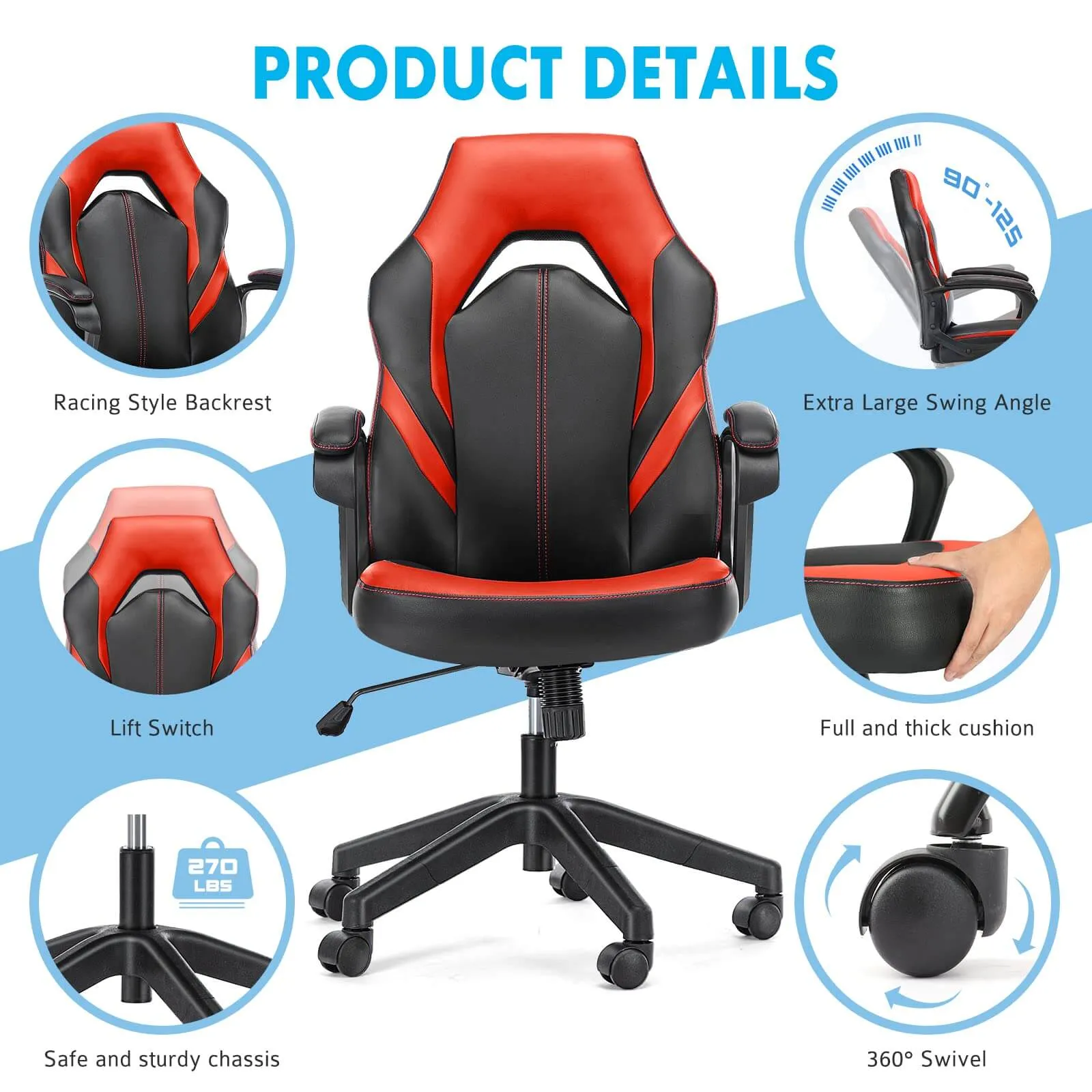 PU Leather Ergonomic Office Chair Swivel Computer Gaming Chair with Lumbar Support