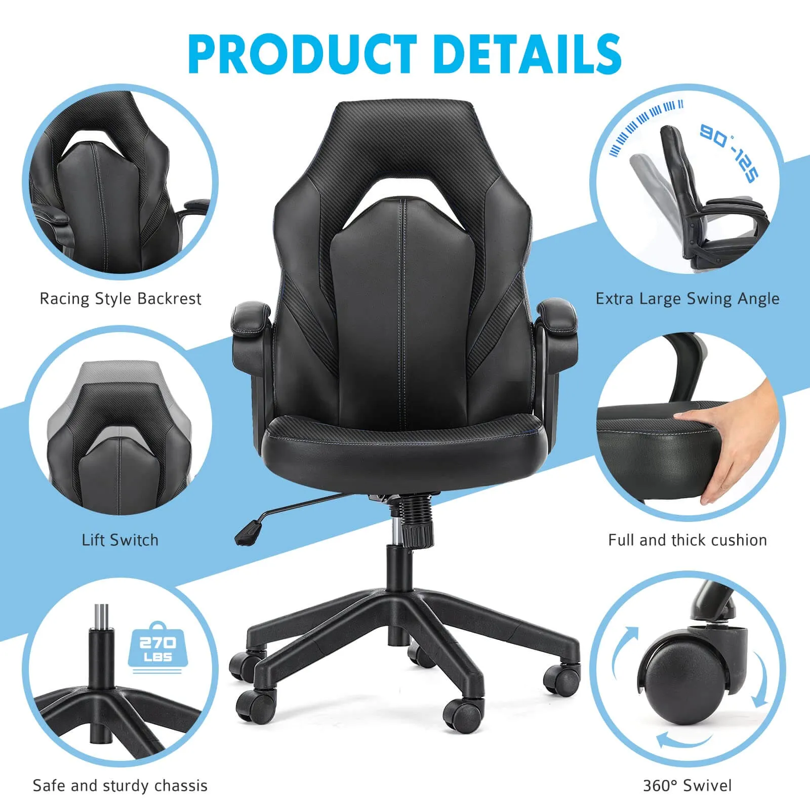 PU Leather Ergonomic Office Chair Swivel Computer Gaming Chair with Lumbar Support