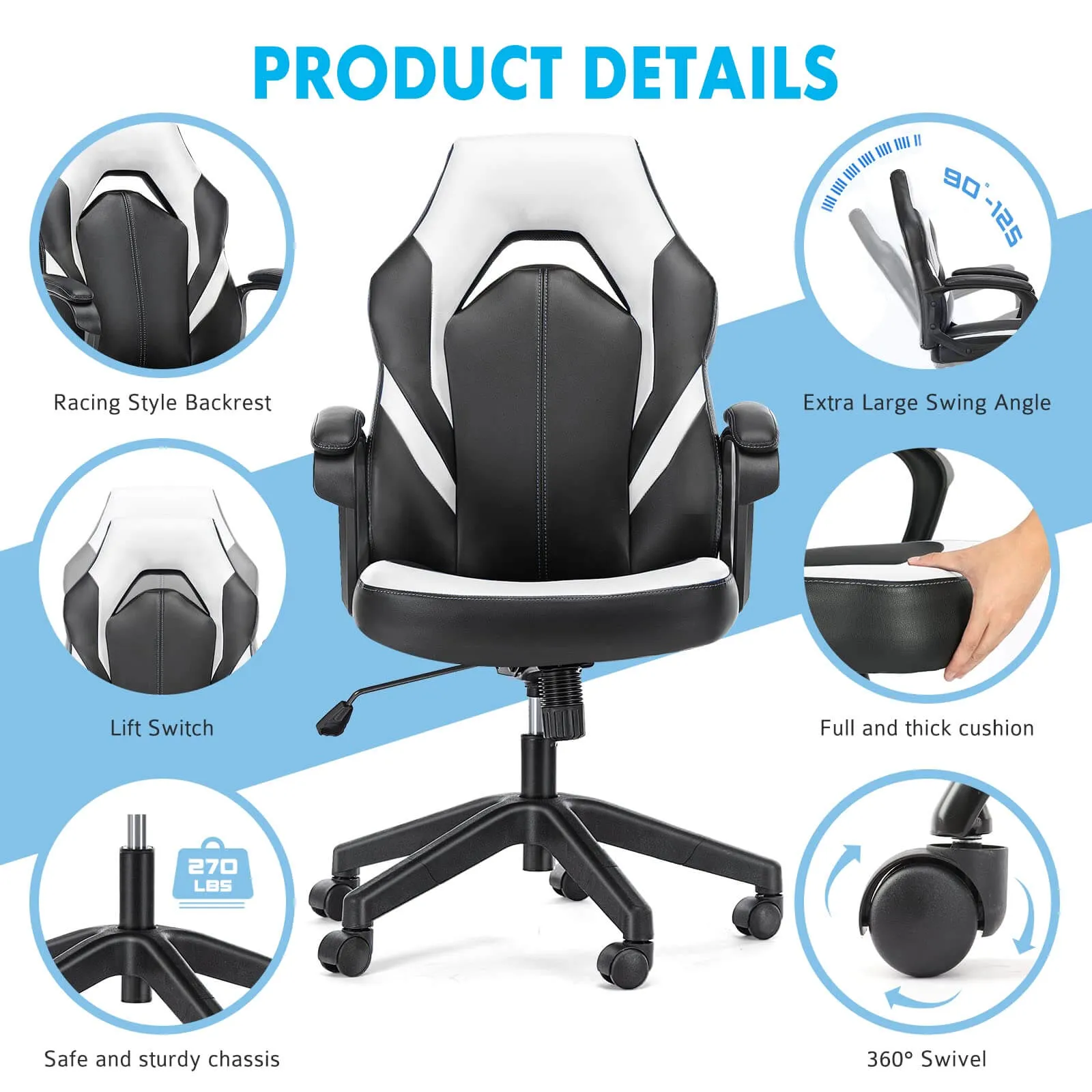 PU Leather Ergonomic Office Chair Swivel Computer Gaming Chair with Lumbar Support