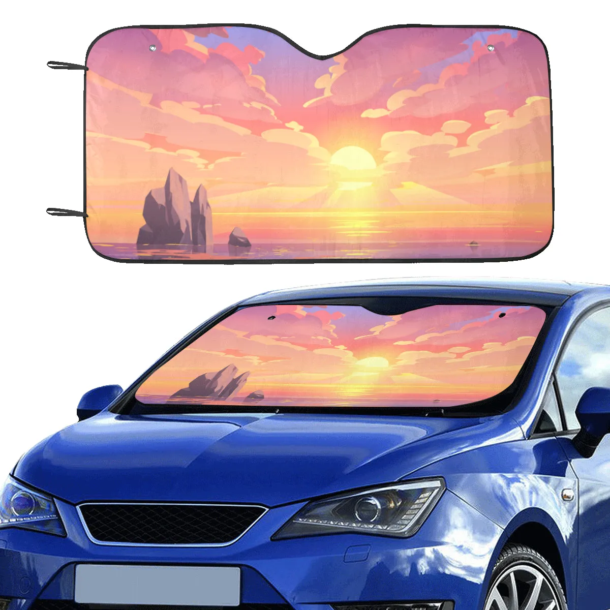 Sunset Ocean Windshield Sun Shade, Sunrise Sea Car Accessories Auto Protector Window Visor Screen Decor 55" x 29.53"