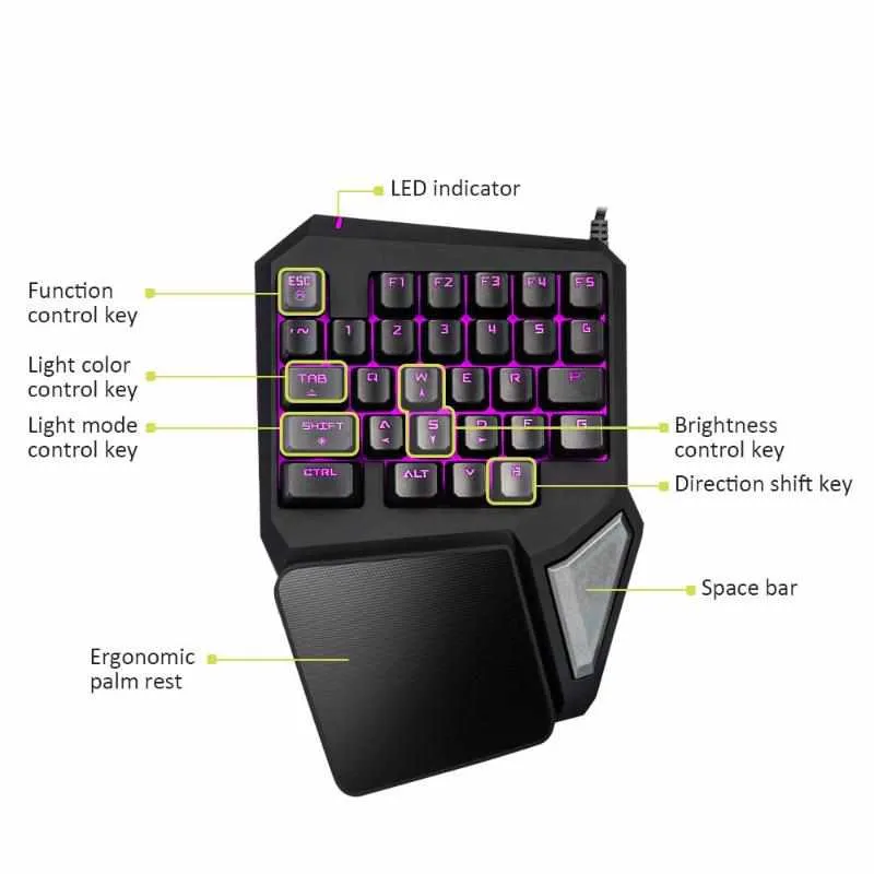 T9Pro Single Handed Gaming Keyboard - 7 Color Backlit 30 Buttons Ergonomic Keypad