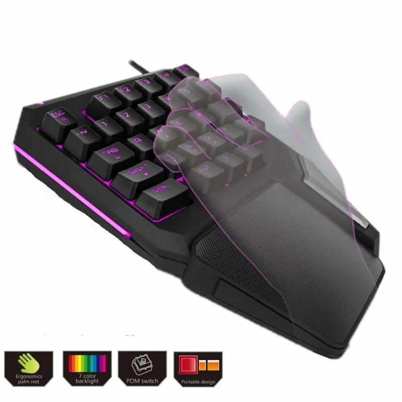 T9Pro Single Handed Gaming Keyboard - 7 Color Backlit 30 Buttons Ergonomic Keypad