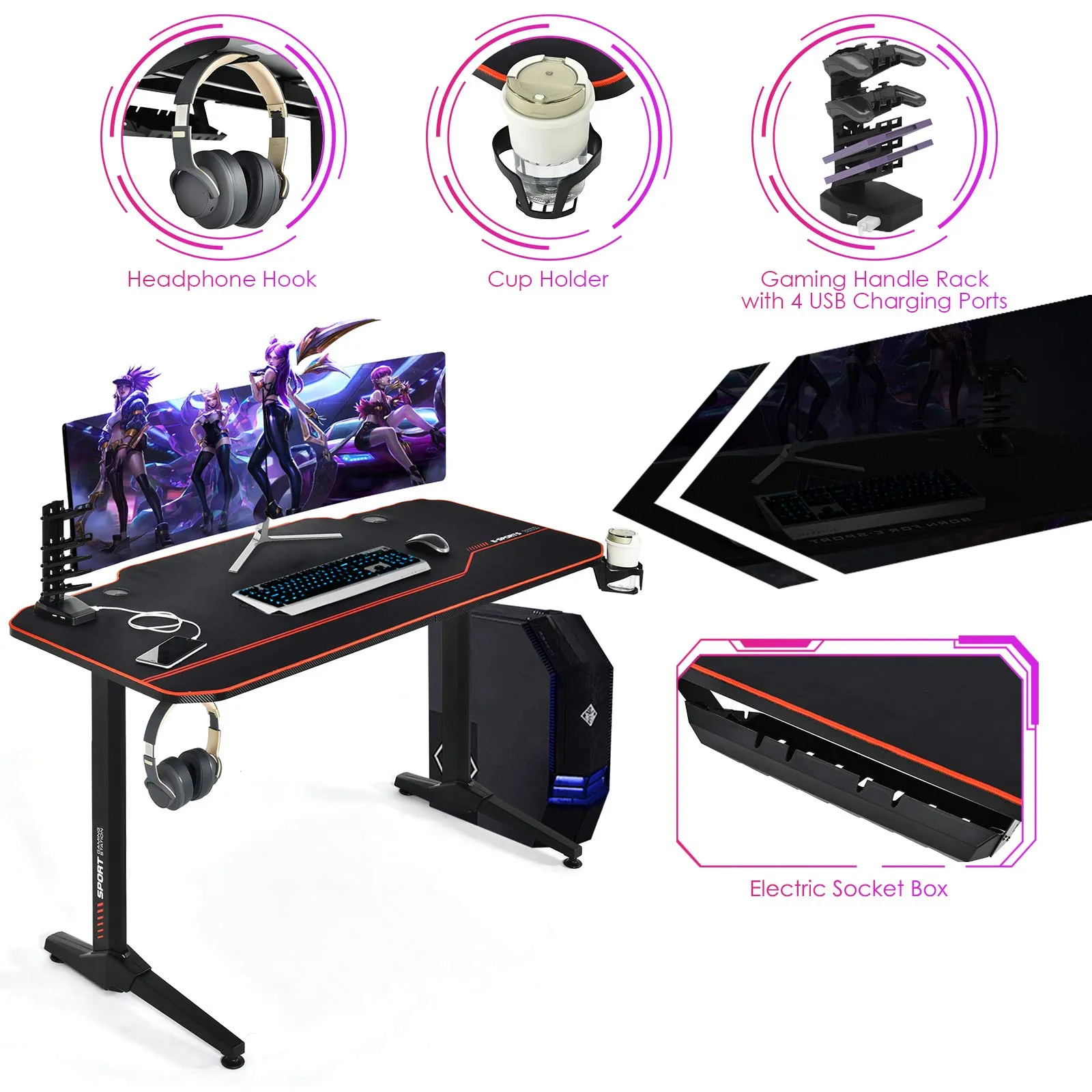 Tangkula 55 Inch Gaming Desk with Free Mouse Pad, T-Shaped Racing Computer Desk