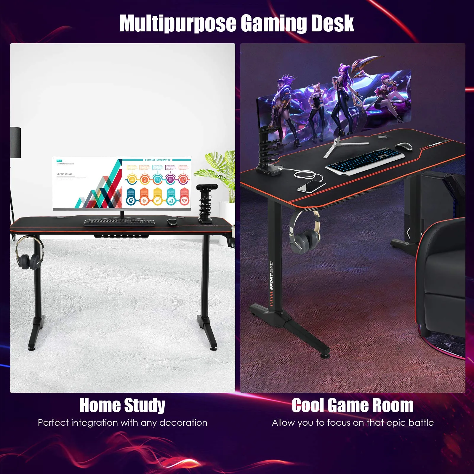 Tangkula 55 Inch Gaming Desk with Free Mouse Pad, T-Shaped Racing Computer Desk