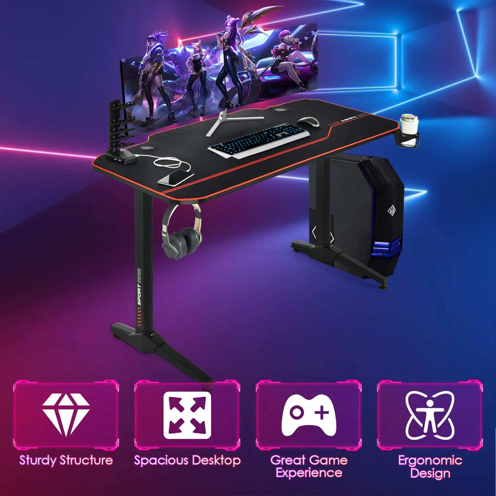 Tangkula 55 Inch Gaming Desk with Free Mouse Pad, T-Shaped Racing Computer Desk