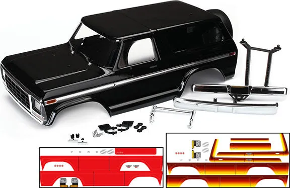 Traxxas 8010X Body Ford Bronco complete (black) (includes front and rear bumpers push bar rear body mount grille side mirrors door handles windshield wipers spare tire mount red and sunset decals) (requires #8072 inner fenders)