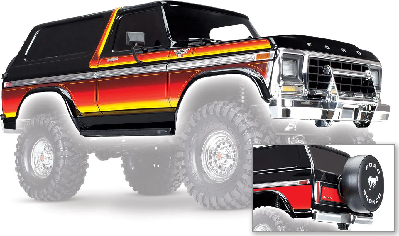 Traxxas 8010X Body Ford Bronco complete (black) (includes front and rear bumpers push bar rear body mount grille side mirrors door handles windshield wipers spare tire mount red and sunset decals) (requires #8072 inner fenders)