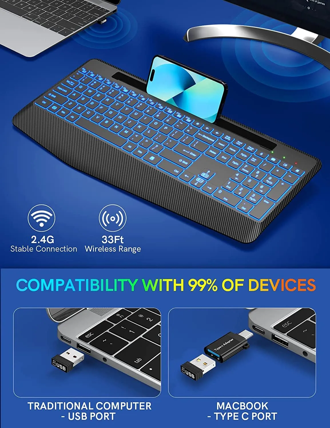 Trueque Wireless Keyboard with 7 Colored Backlits, Wrist Rest, Phone Holder, Rechargeable Ergonomic Computer Keyboard with Silent Keys, Full Size Lighted Keyboard for Windows, Macbook, PC, Laptop