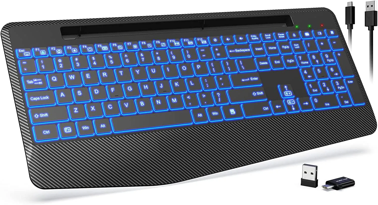 Trueque Wireless Keyboard with 7 Colored Backlits, Wrist Rest, Phone Holder, Rechargeable Ergonomic Computer Keyboard with Silent Keys, Full Size Lighted Keyboard for Windows, Macbook, PC, Laptop