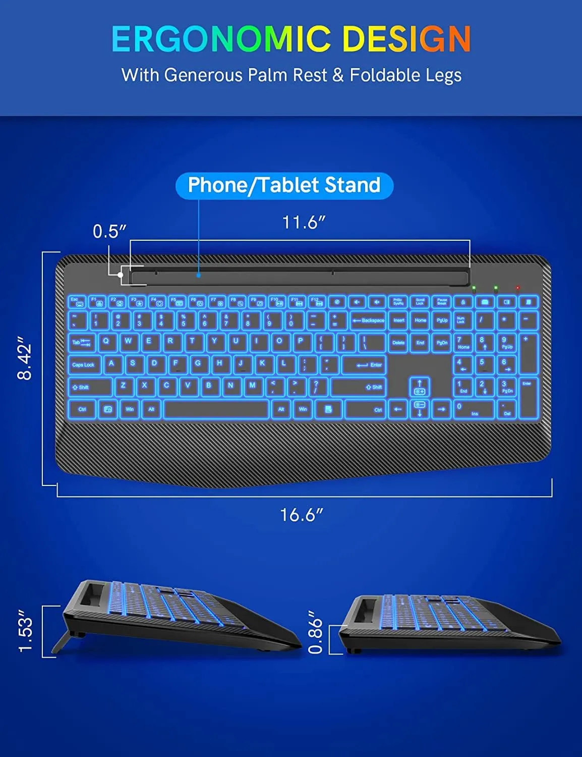 Trueque Wireless Keyboard with 7 Colored Backlits, Wrist Rest, Phone Holder, Rechargeable Ergonomic Computer Keyboard with Silent Keys, Full Size Lighted Keyboard for Windows, Macbook, PC, Laptop