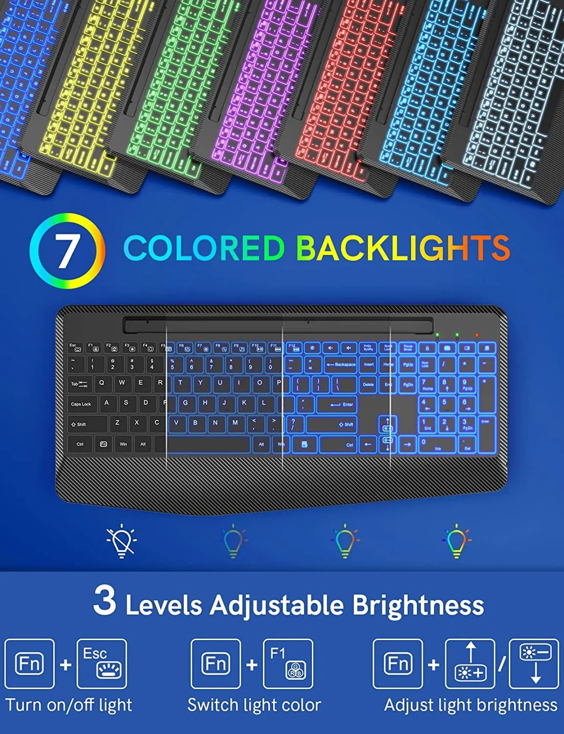 Trueque Wireless Keyboard with 7 Colored Backlits, Wrist Rest, Phone Holder, Rechargeable Ergonomic Computer Keyboard with Silent Keys, Full Size Lighted Keyboard for Windows, Macbook, PC, Laptop