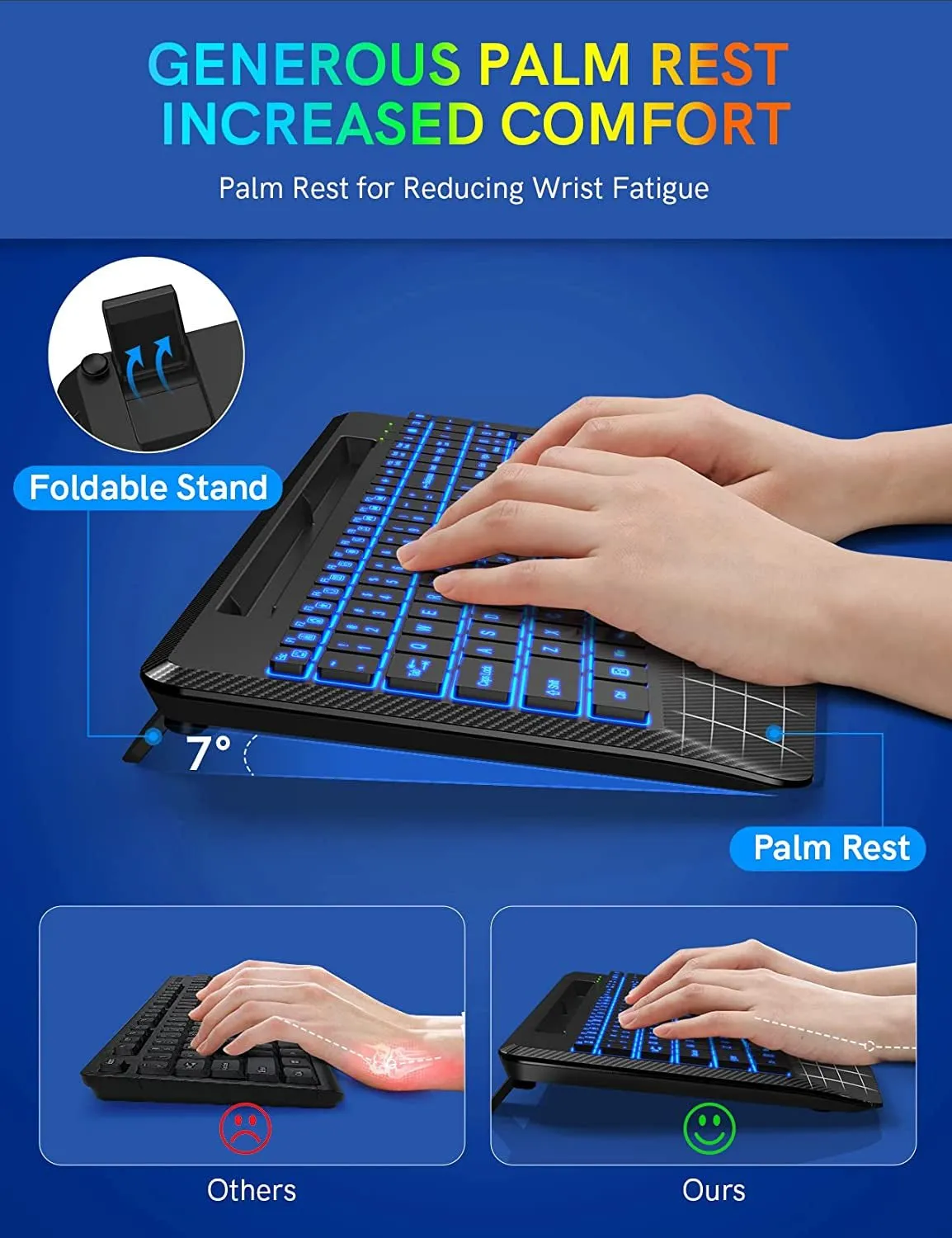 Trueque Wireless Keyboard with 7 Colored Backlits, Wrist Rest, Phone Holder, Rechargeable Ergonomic Computer Keyboard with Silent Keys, Full Size Lighted Keyboard for Windows, Macbook, PC, Laptop