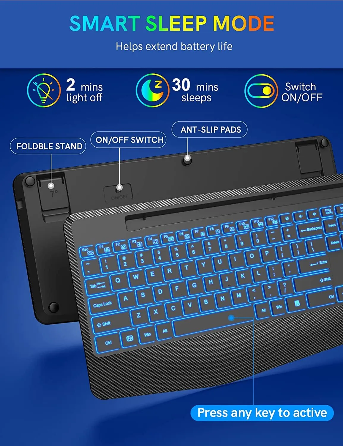 Trueque Wireless Keyboard with 7 Colored Backlits, Wrist Rest, Phone Holder, Rechargeable Ergonomic Computer Keyboard with Silent Keys, Full Size Lighted Keyboard for Windows, Macbook, PC, Laptop