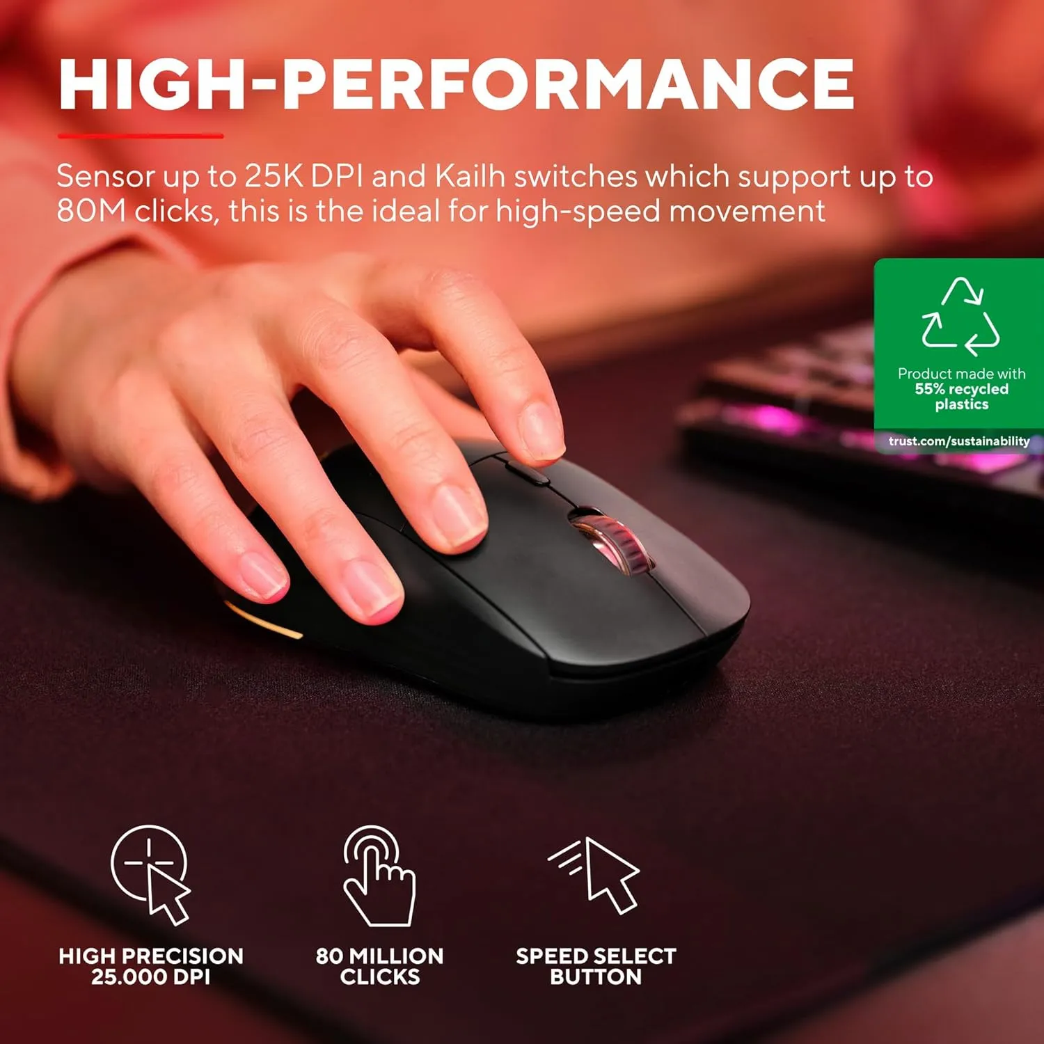 Trust Gaming GXT 927 Redex  Wireless Gaming Mouse – 25K DPI, Ultra-Low Latency, 94-Hour Battery, RGB Lighting, Kailh Switches, 6 Programmable Buttons, Rechargeable – Black