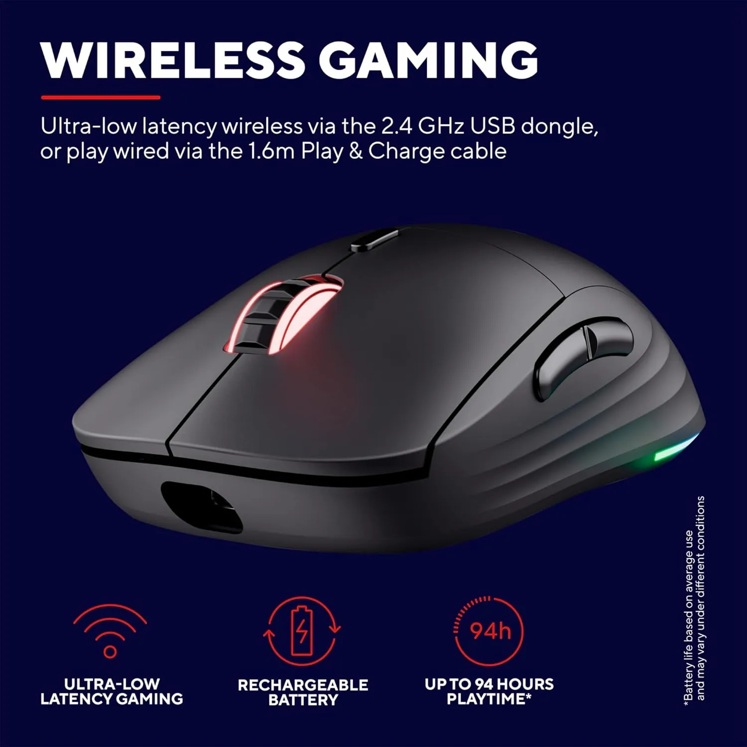 Trust Gaming GXT 927 Redex  Wireless Gaming Mouse – 25K DPI, Ultra-Low Latency, 94-Hour Battery, RGB Lighting, Kailh Switches, 6 Programmable Buttons, Rechargeable – Black