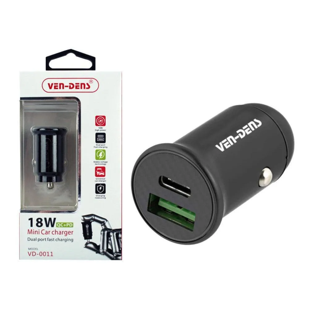 Ven-Dens 18W Dual Port Mini Car Charger - Black | 500116