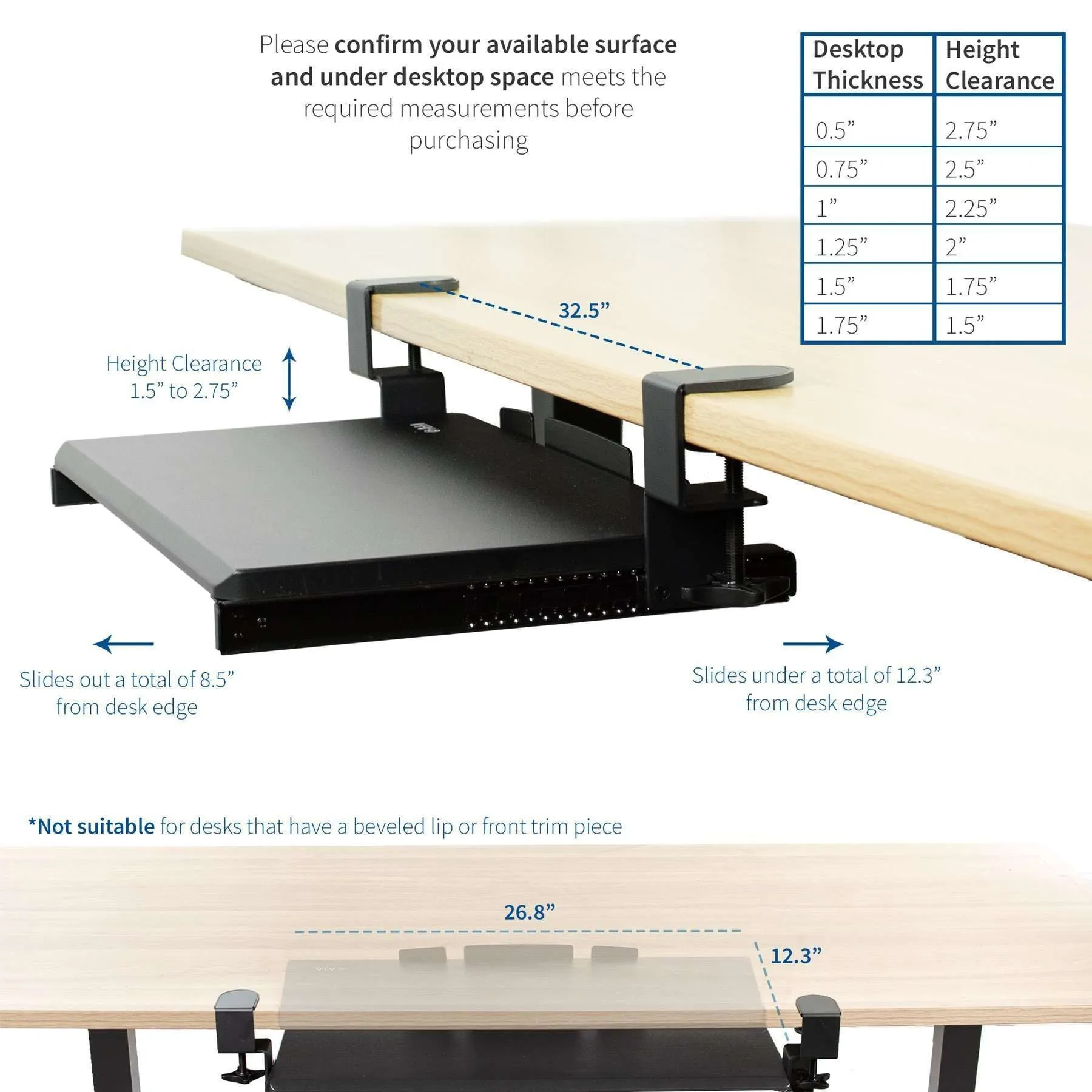 VIVO Black Clamp-on Keyboard Tray, MOUNT-KB05E