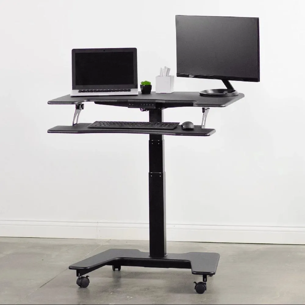 VIVO DESK-V111VT Electric Mobile 36" Height-Adjustable Dual-Platform Standing Desk Workstation w/ Wheels, Memory Pad