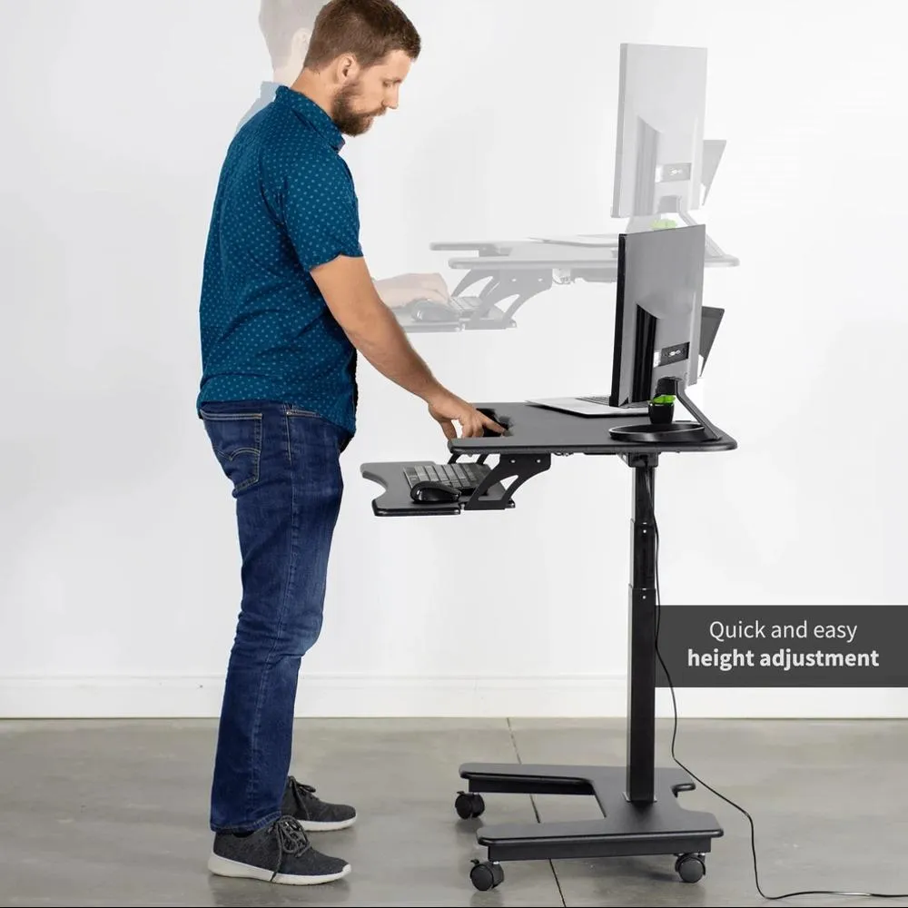 VIVO DESK-V111VT Electric Mobile 36" Height-Adjustable Dual-Platform Standing Desk Workstation w/ Wheels, Memory Pad