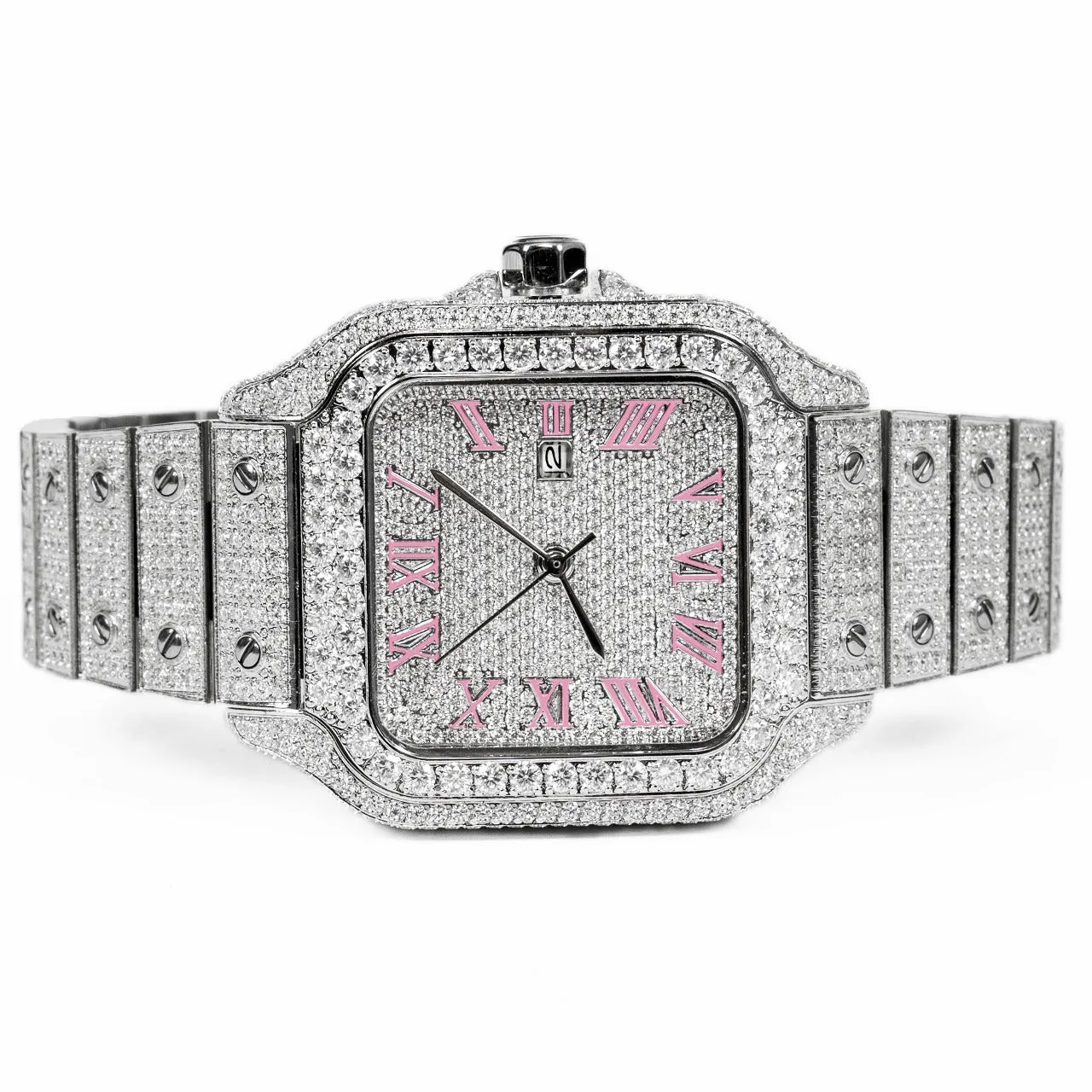 Womens 37MM VS Moissanite Diamond Watch Pink Dial Automatic